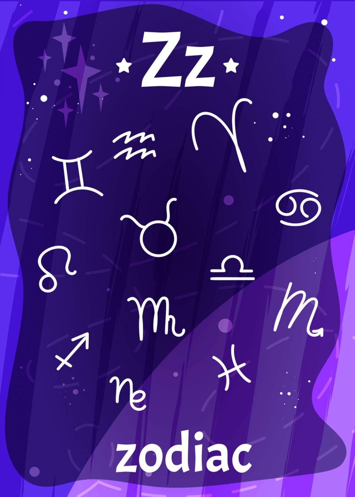 Cartelă imprimabilă cu alfabetul spațial din desene animate cu litera Z și semne zodiacale