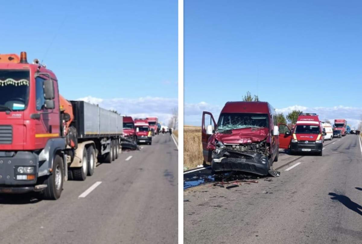 Accident in Dâmbovița Microbuzul în care se aflau a intrat în TIR-ul din fața sa, pe Drumul Județean 711.