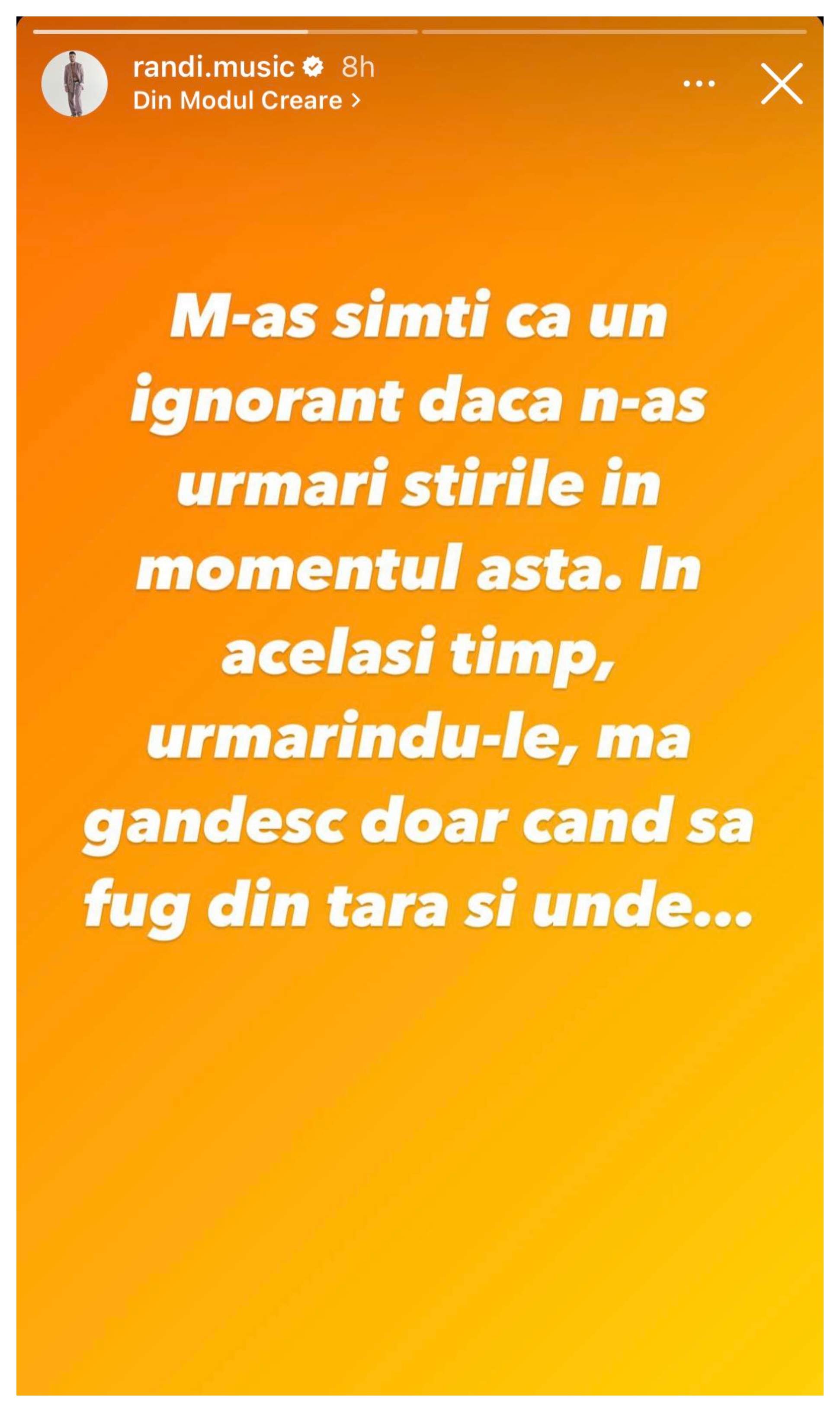 Randi, pesimist cu privire la situația României. Cântărețul își caută un buncăr pentru a se adăposti: ”Când să fug...”