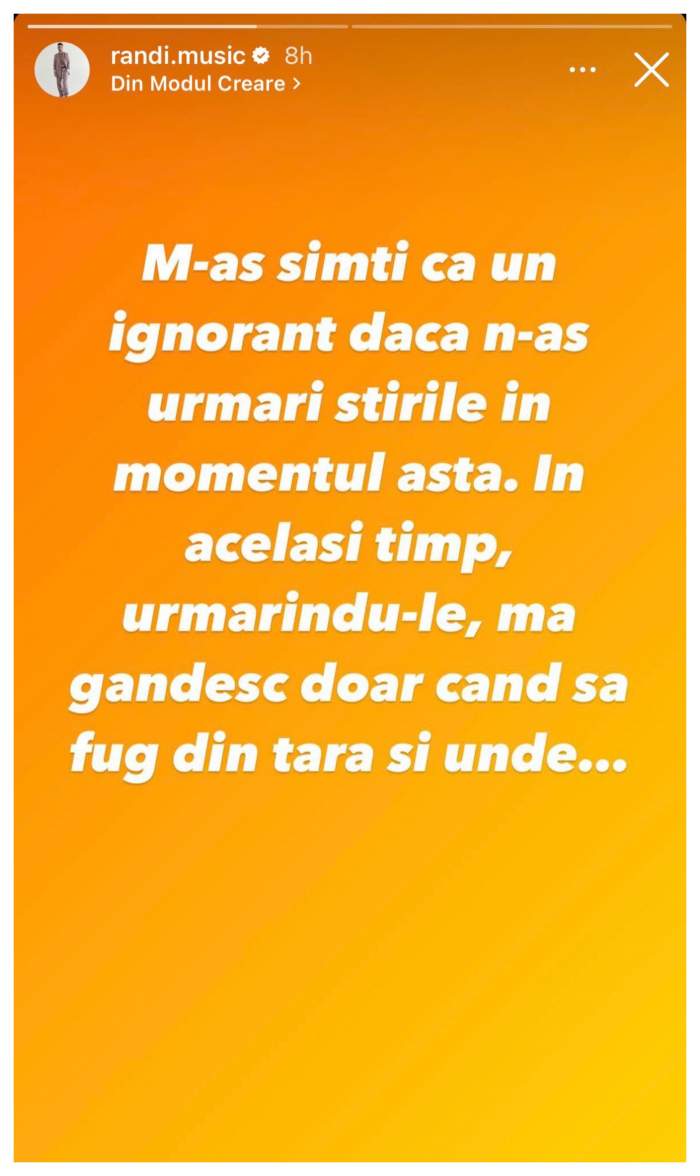 Randi, pesimist cu privire la situația României. Cântărețul își caută un buncăr pentru a se adăposti: ”Când să fug...”