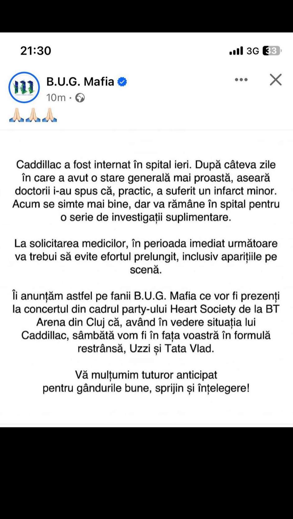 Mesajul postat de B.U.G Mafia pe Facebook