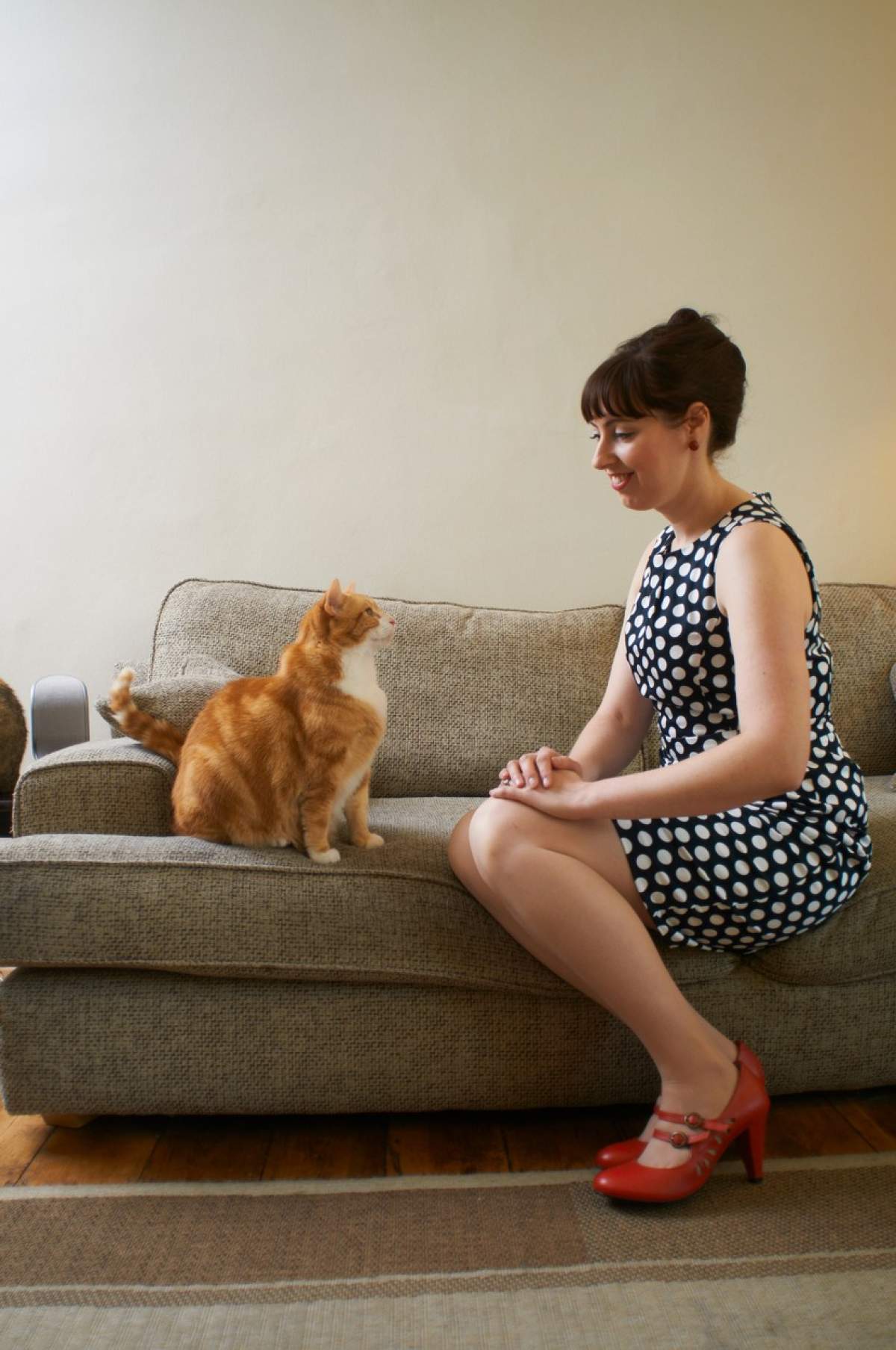 Pisică și o femeie care stau pe canapea