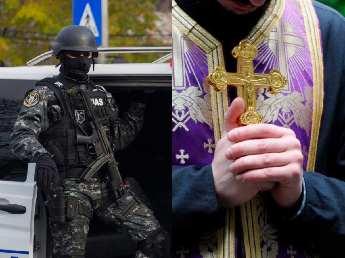 un polițist cu o armă și un preot