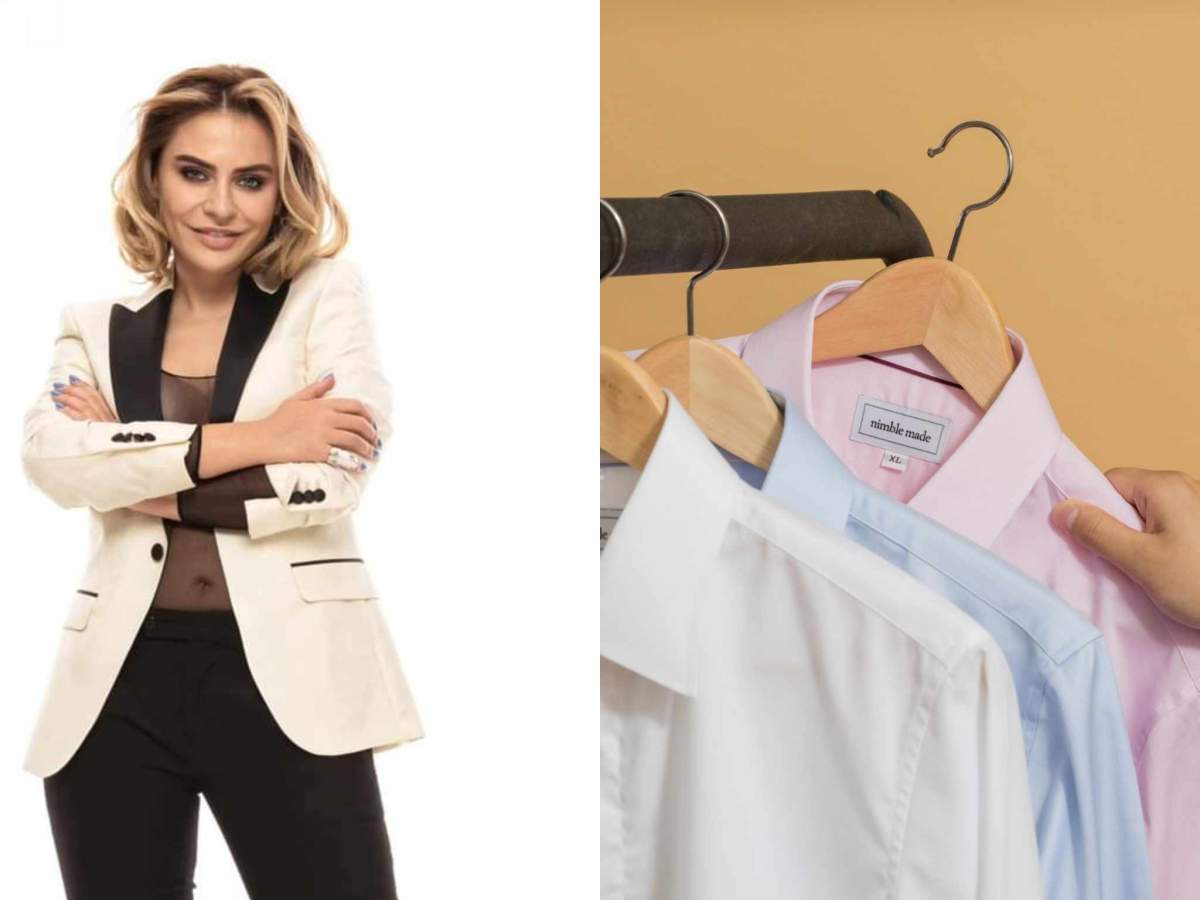 Cămașa elegantă nu se poartă nciodată în afar pantalonilor. Adina Buzatu și trei cămăși pe umerașe