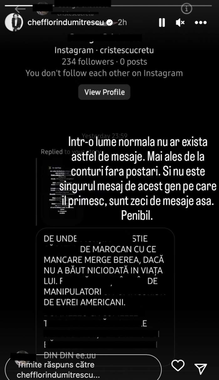 Chef Florin Dumitrescu, mesaj acid pe internet. Reacția juratului de la „Chefi la cuțite”, după ce a fost jignit de un urmăritor: „Penibil. Astfel de mesaje…” / FOTO