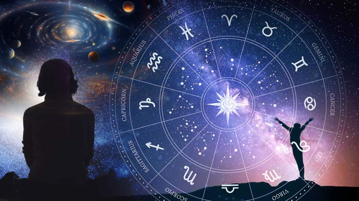 Machetă foto cu zodiile din horoscop și Universul