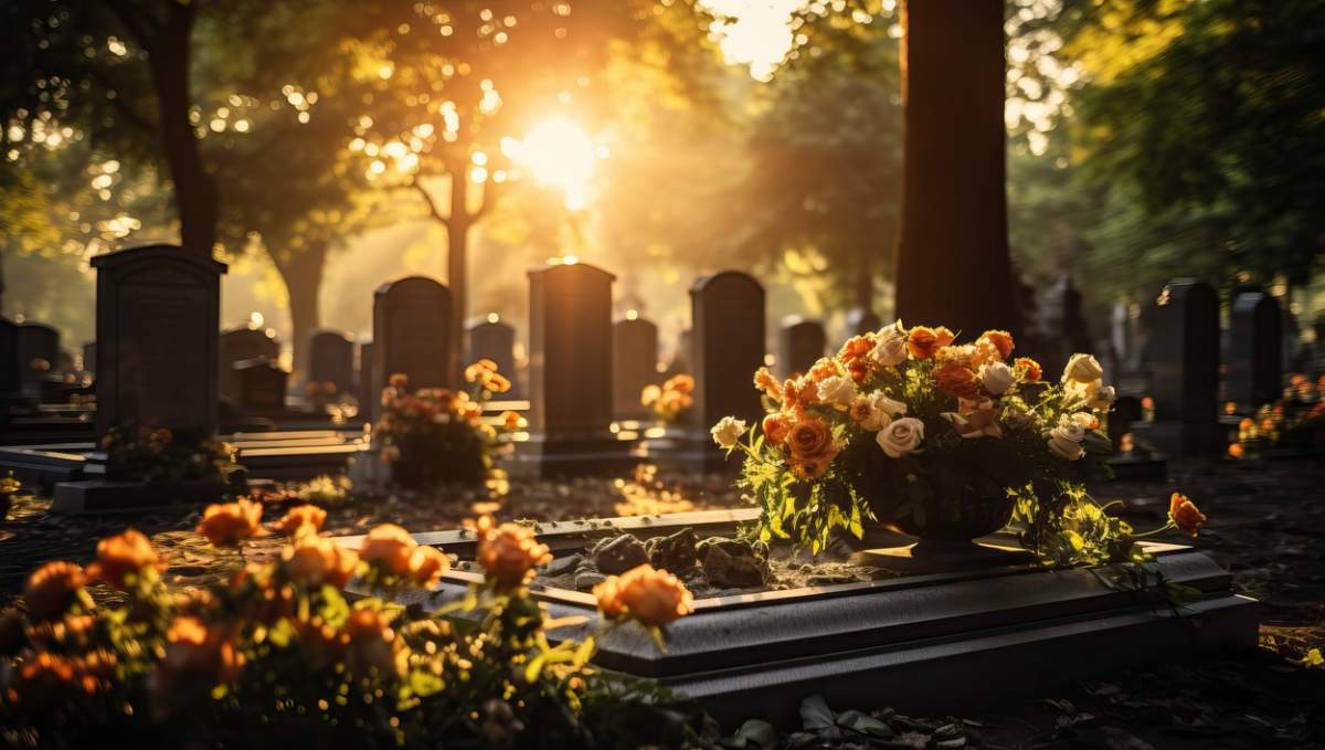 Pietre funerare și flori în cimitir la apus. Conceptul de înmormântare.