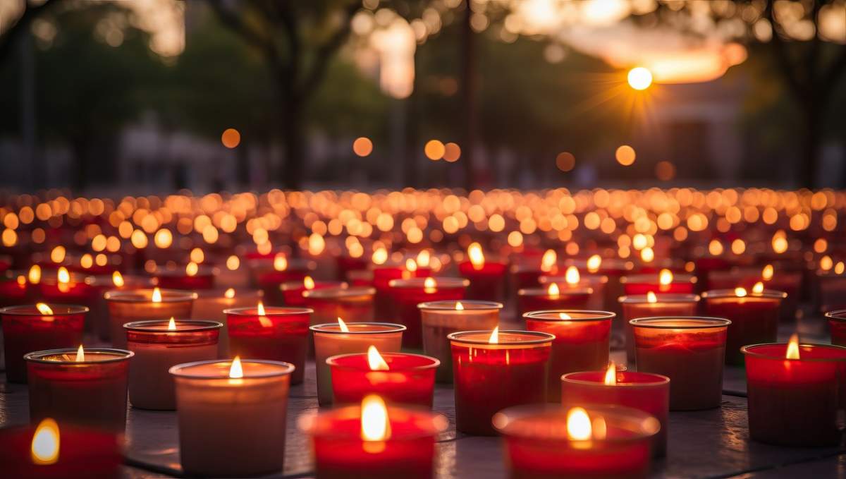 Lumânări aprinse într-o ceremonie religioasă în parc la apus.