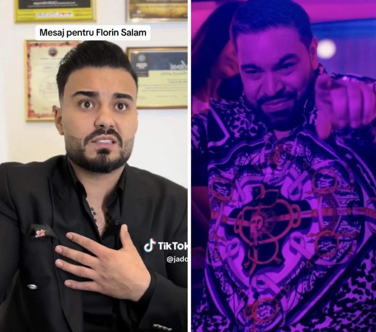 Colaj Jador și Florin Salam pe un fundal mov Colaj Jador și Florin Salam