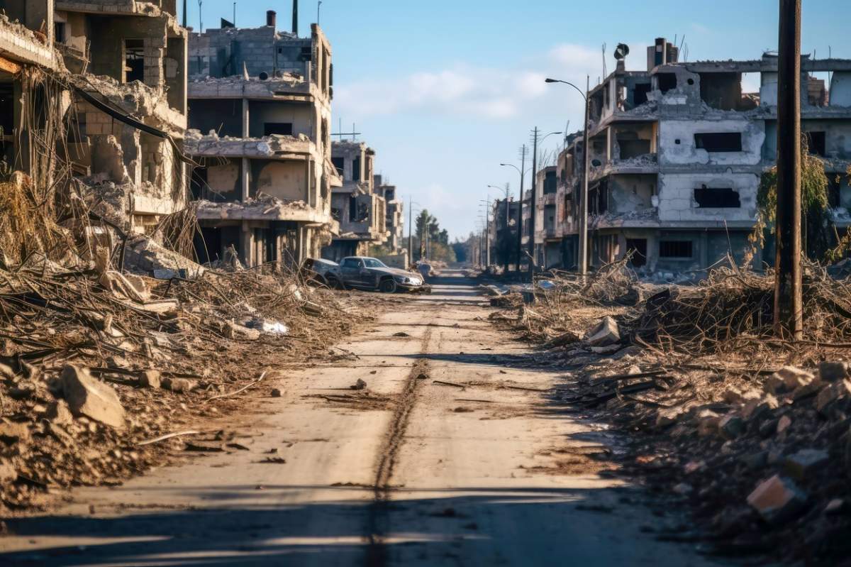 Privind pe un drum cu clădiri distruse de război