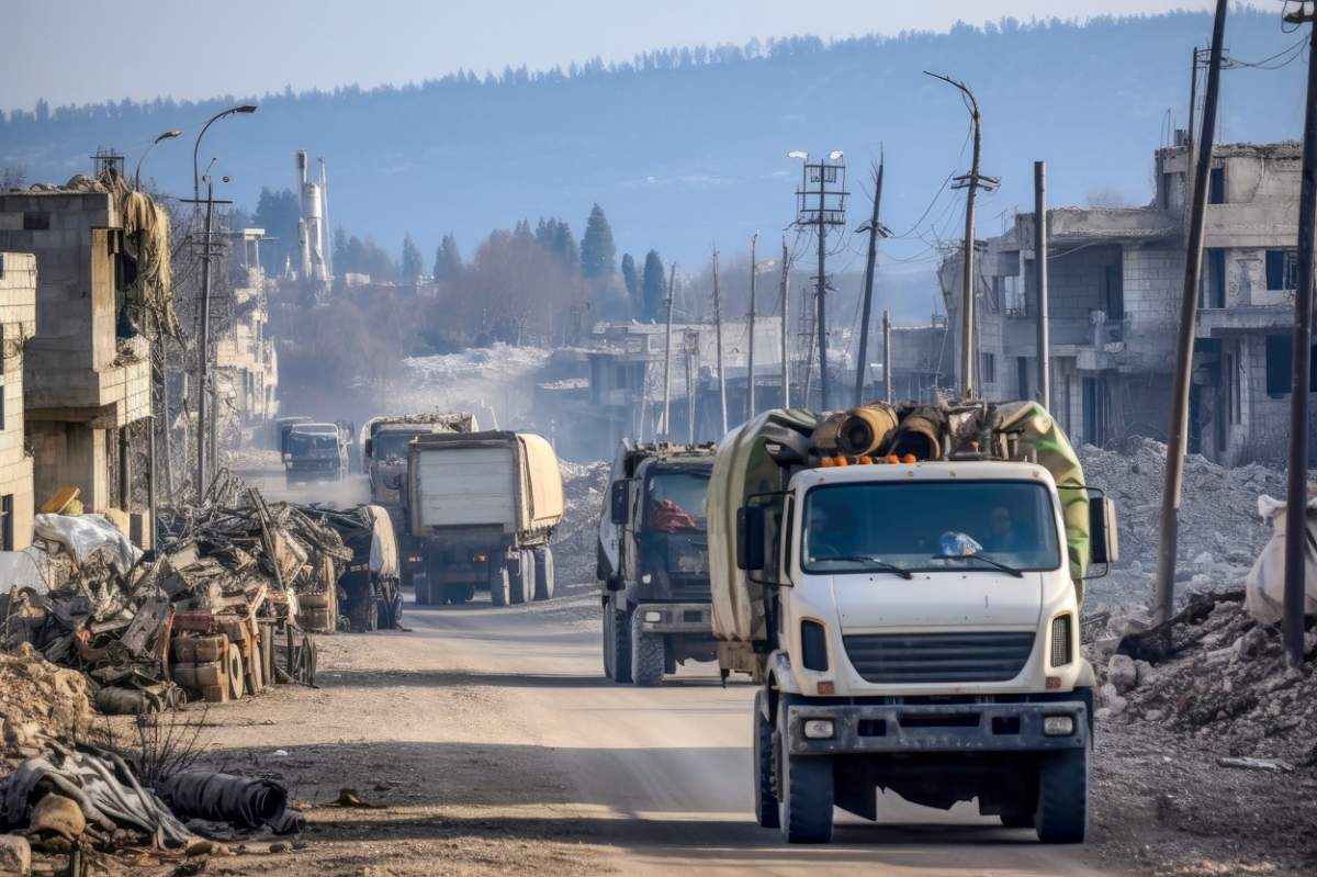 Camioane cu provizii de ajutor ajung într-un oraș devastat de război