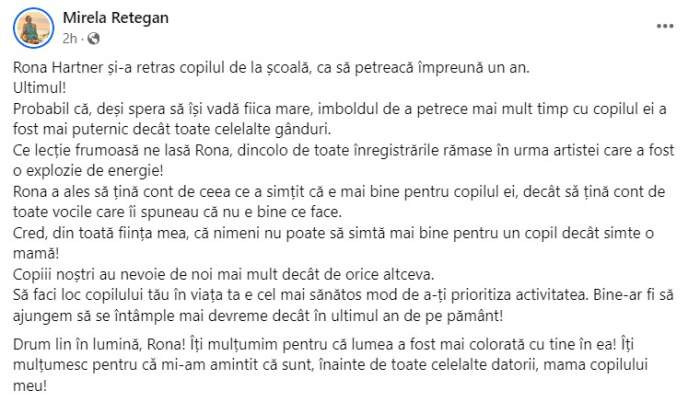 Adevăratul motiv pentru care Rona Hartner și-ar fi retras fiica de la școală un an de zile. Mesajul emoționant al Mirelei Retegan: "Ce lecție frumoasă..." 