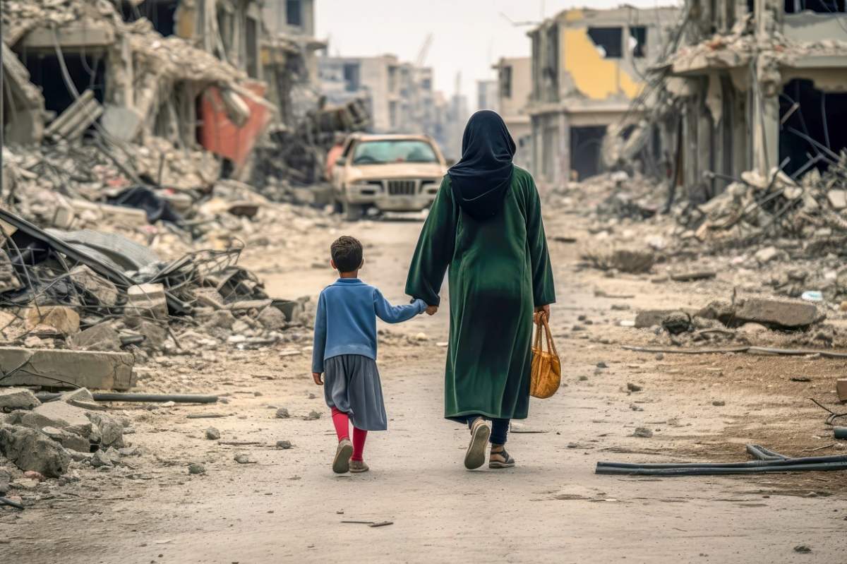 O mamă și copilul ei pe un drum cu clădiri distruse de război
