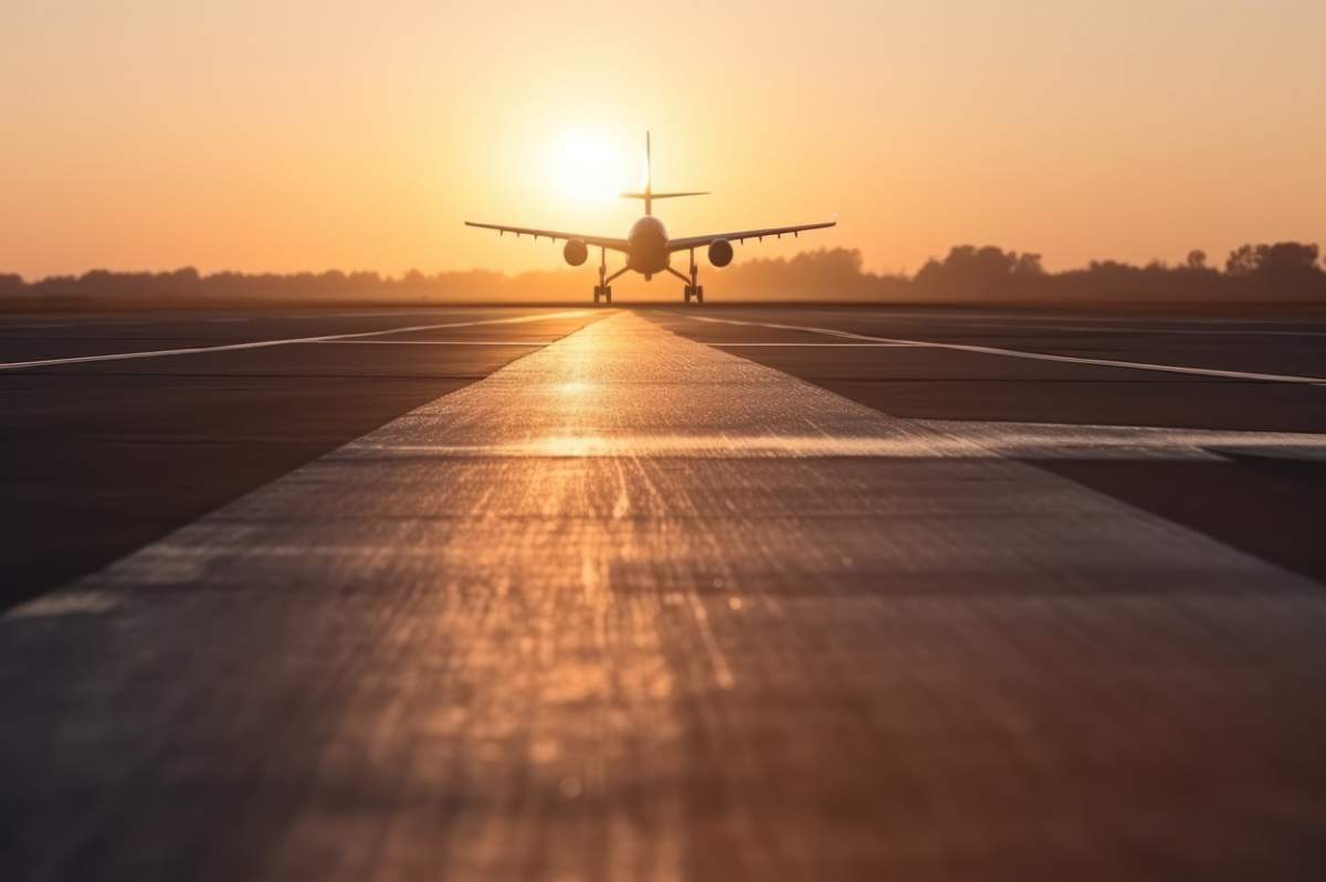 Avion pe pistă în aeroport la apus. Concept de călătorie