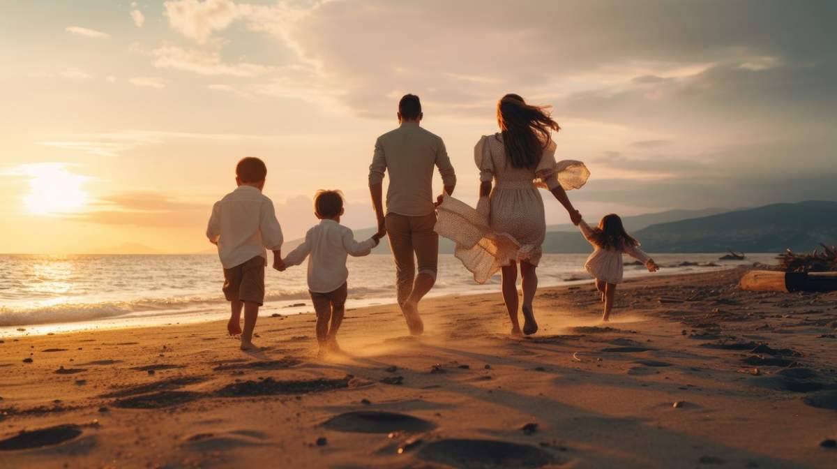 familie fericită cu doi copii care aleargă pe plajă la apus frumos vara