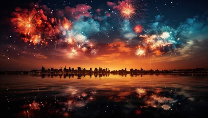 Artificii colorate cu reflexie asupra apei și a peisajului urban noaptea.