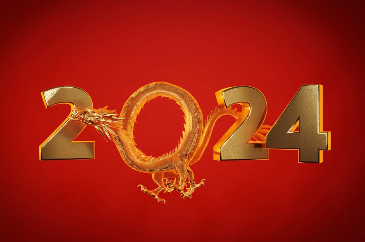 Ilustrație 3D, An Nou Chinezesc fericit 2024 dragonul de aur
