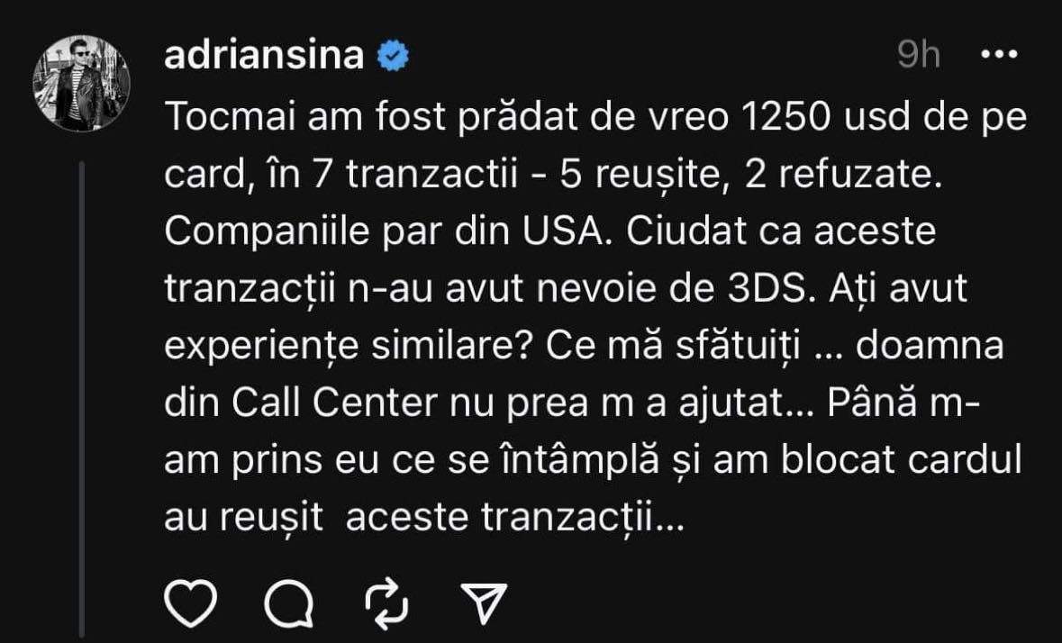 Adrian Sînă, postare pe aplicația Threads