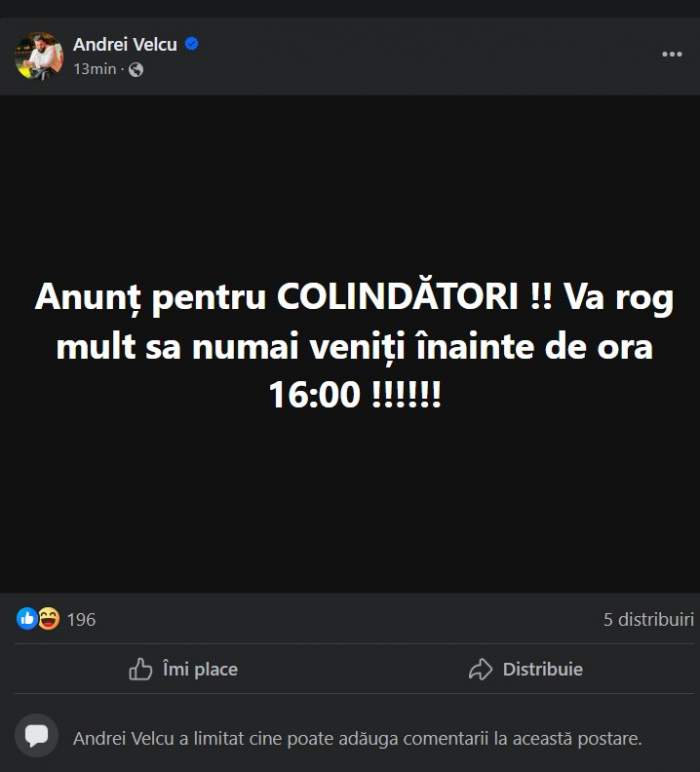 Ce regulă le-a impus Tzancă Uraganu celor care vor să îl colinde. În fiecare an face același lucru. Care e motivul