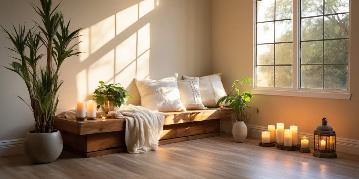 Interior confortabil de dormitor cu pat din lemn, lumânări, plante și flori
