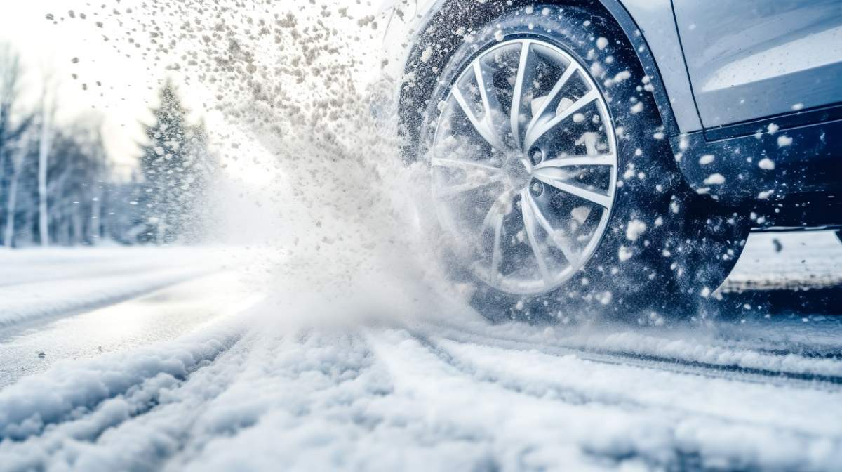 anvelopa mașinii derapează pe un drum înzăpezit, cu fulgi de zăpadă și gheață aruncați în aer, pe fundalul unui peisaj de pădure de iarnă