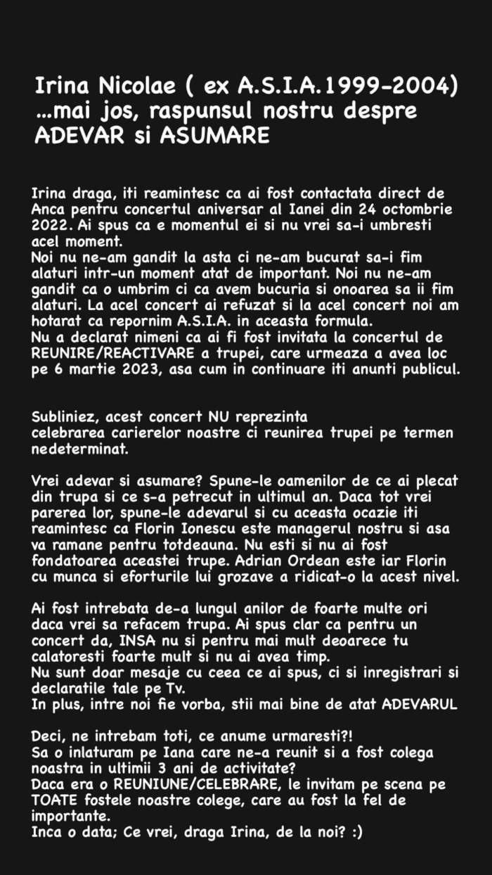 Fetele din trupa A.S.I.A, acuzații grave la adresa Irinei Nicolae. Adevăratul motiv pentru care a refuzat să urce pe scenă: ”Ce vrei de la noi?” / FOTO