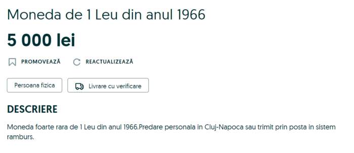 Moneda comunistă de 1 leu se vinde cu o sumă frumoasa pe OLX. Ce preț are în 2023