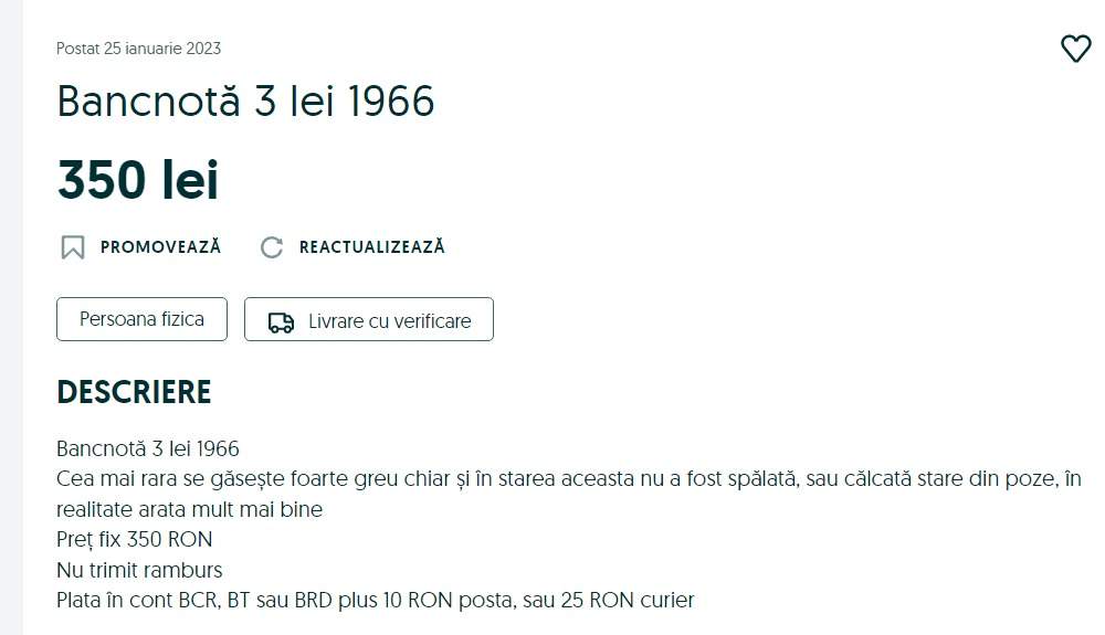 Bancnota comunistă de 3 lei se vinde cu o sumă frumoasă pe OLX. Ce preț are acum