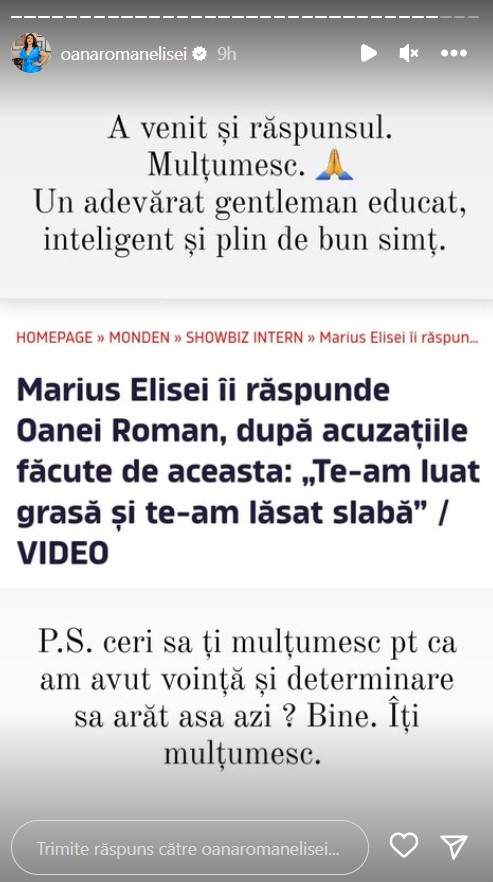 „Un adevărat gentleman!”. Reacția Oanei Roman, după ce Marius Elisei a spus că trebuie să-i mulțumească pentru că „a luat-o grasă și a lăsat-o slabă”