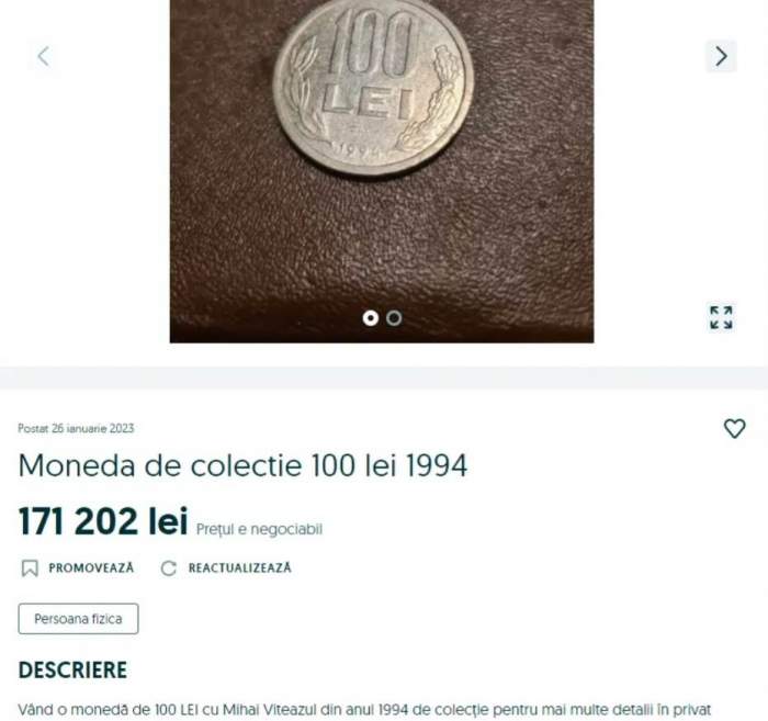 Moneda de 100 lei se vinde cu o sumă impresionantă pe OLX. Cât costă acum