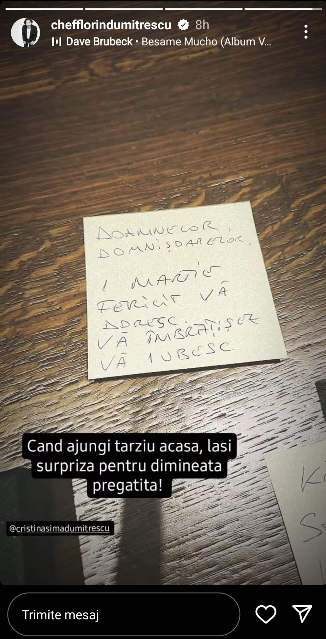 Florin Dumitrescu, surpriză de proporții pentru familia lui de 1 martie. Cu ce și-a surprins soția în prima zi de primăvară: ”Vă iubesc” / FOTO