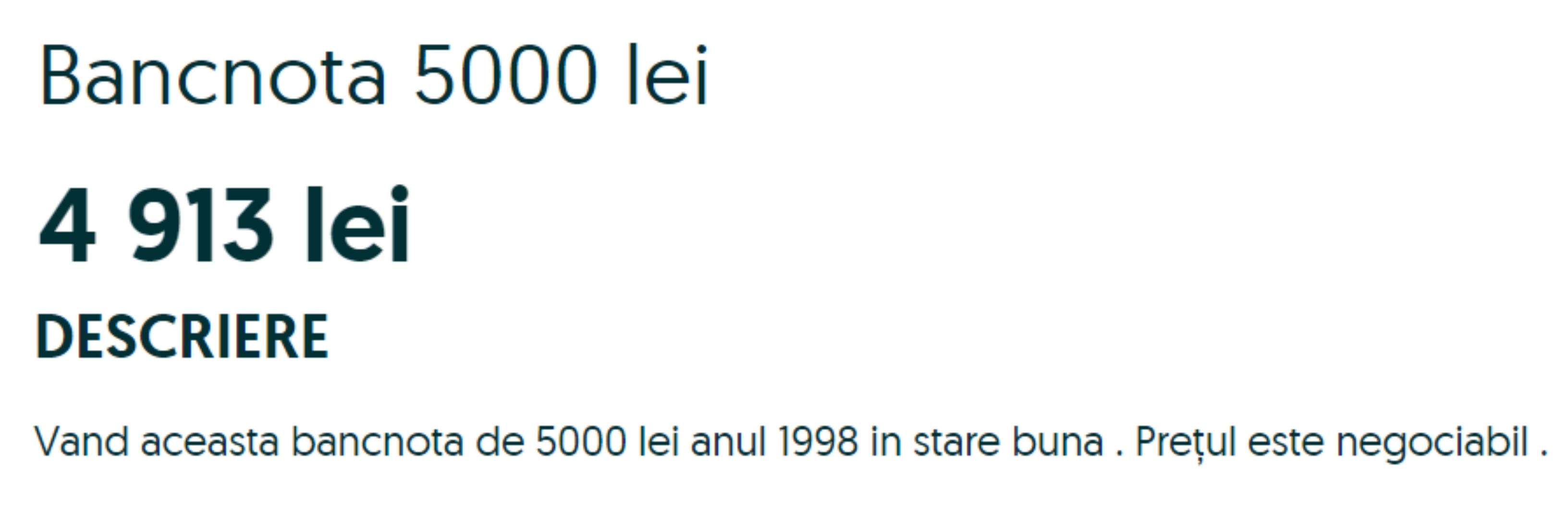 Bancnota de 5000 de lei, din 1998, de vânzare pe OLX. Prețul pe care trebuie să îl plătești în 2023