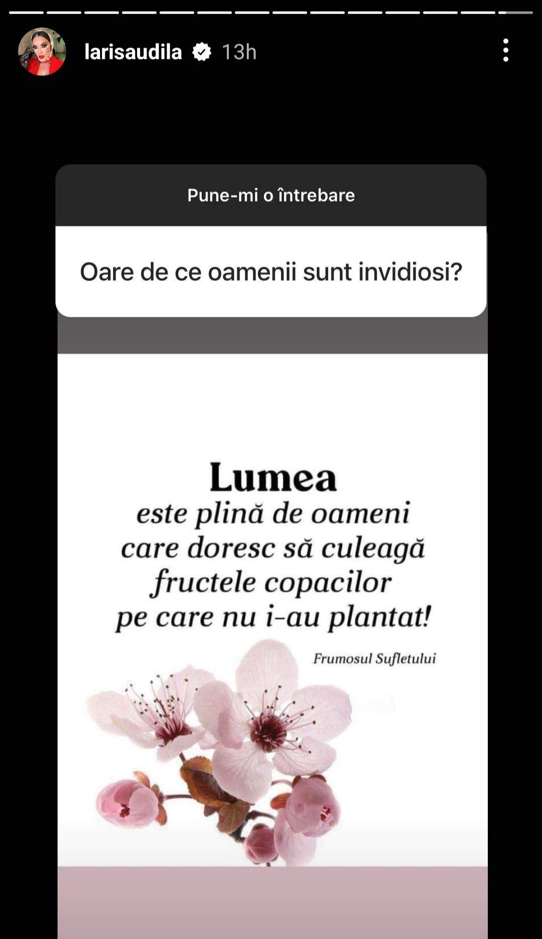 Cum gestionează Larisa Udilă legătura cu oamenii invidioși din jurul ei. Mesajul postat de vedetă: „Lumea este...” / FOTO