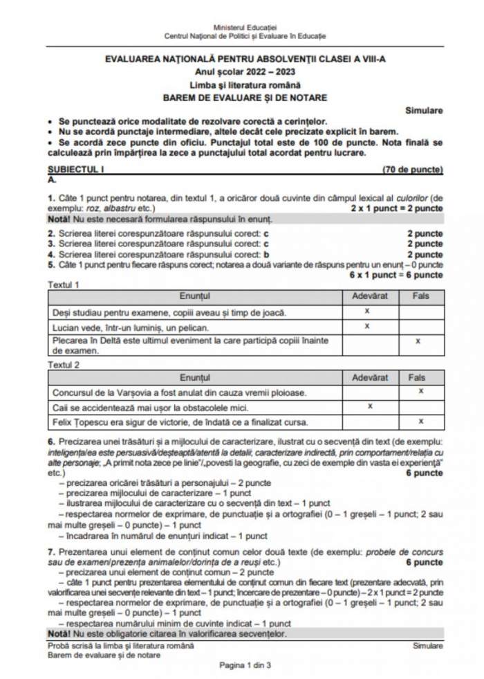 Barem limba română simulare Evaluare Naţională 2023. Cum se rezolvă subiectele ale acestei probe