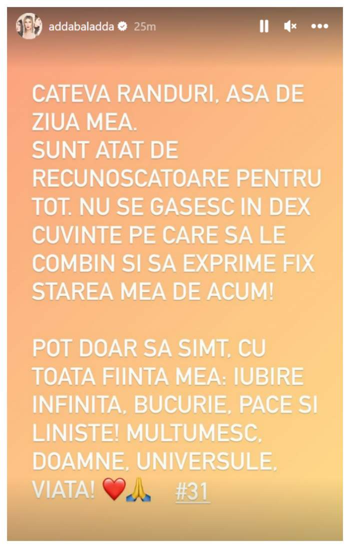 Adda împlinește astăzi 31 de ani. Ce mesaj a postat artista pe rețelele de socializare:”Doar să simt...”