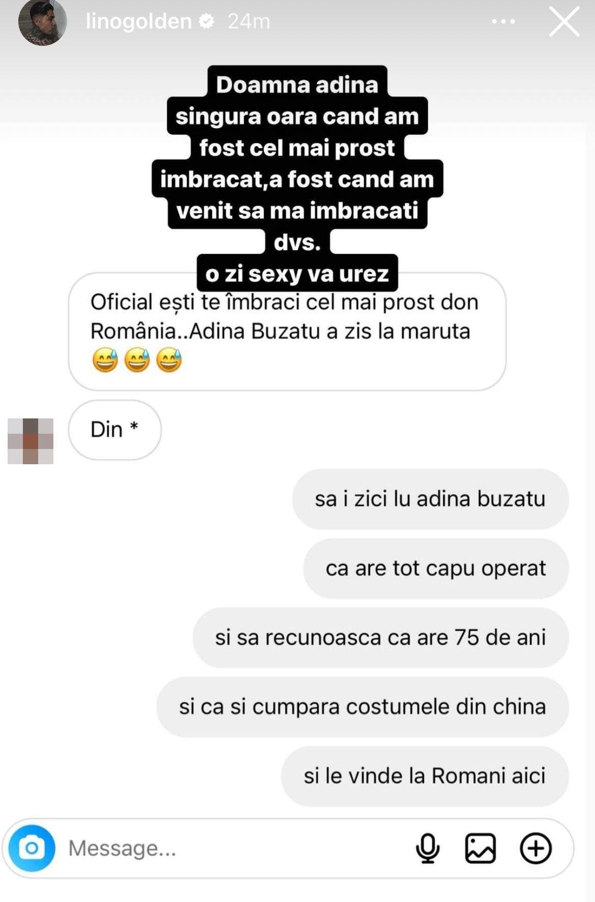 EXCLUSIV. Prima reacție a Adinei Buzatu după ce Lino Golden a spus de ea că are ”tot capul operat și 75 de de ani”. De la ce a pornit conflictul!