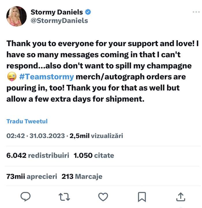 Stormy Daniels, prima reacţie după ce Donald Trump a fost pus sub acuzare. Ce a spus actrița: ”Mulțumesc pentru asta” / FOTO