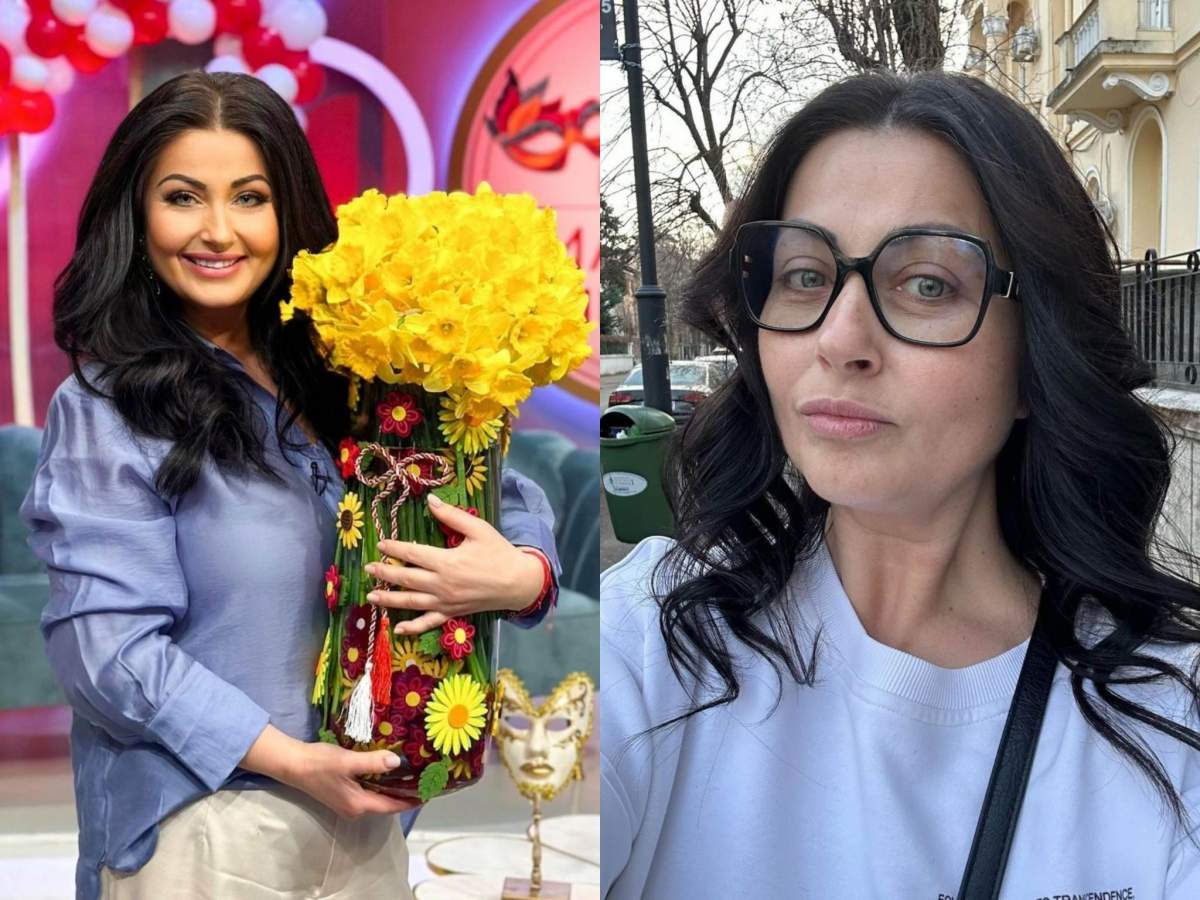 Gabriela Cristea cu un buchet de flori în brațe și cu ochelari