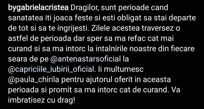 Gabriela Cristea s-a îmbolnăvit! Prezentatoarea TV a luat o pauză de la filmări, din cauza problemelor de sănătate: ”Ești obligat să stai departe” / FOTO