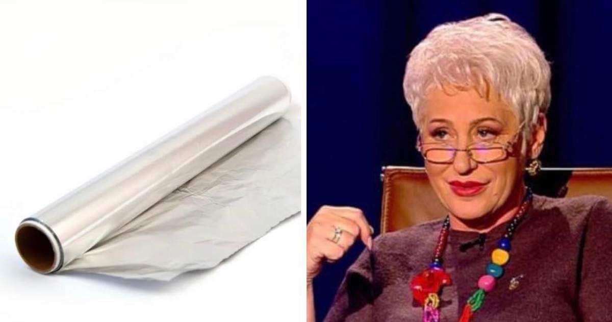 Colaj Lidia Fecioru și o folie de aluminiu Colaj cu o rolă de folie de aluminiu și Lidia Fecioru