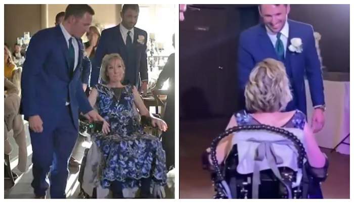 Imagine virale cu „Celine Dion” în scaun cu rotile, la nunta fiului său