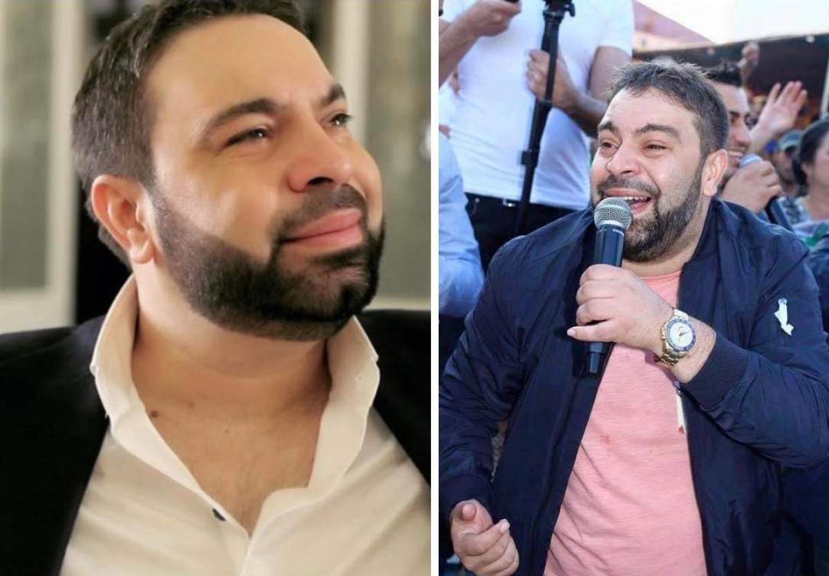 Florin Salam pe un fundal galben, îmbrăcat într-un costum Florin Salam pe un fundal galben