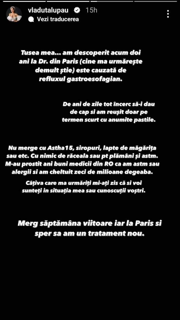 Vlăduța Lupău caută tratament în Paris, din cauza problemelor cu gâtul. Vocea ei ar putea să aibă de suferit: ”De ani de zile...” / FOTO