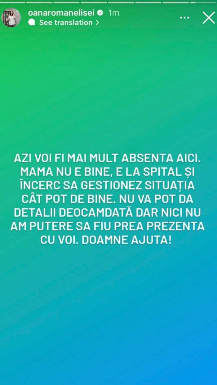 Mama Oanei Roman a ajuns la spital! Mesajul îngrijorător postat de vedetă: „Nu e bine!” / FOTO