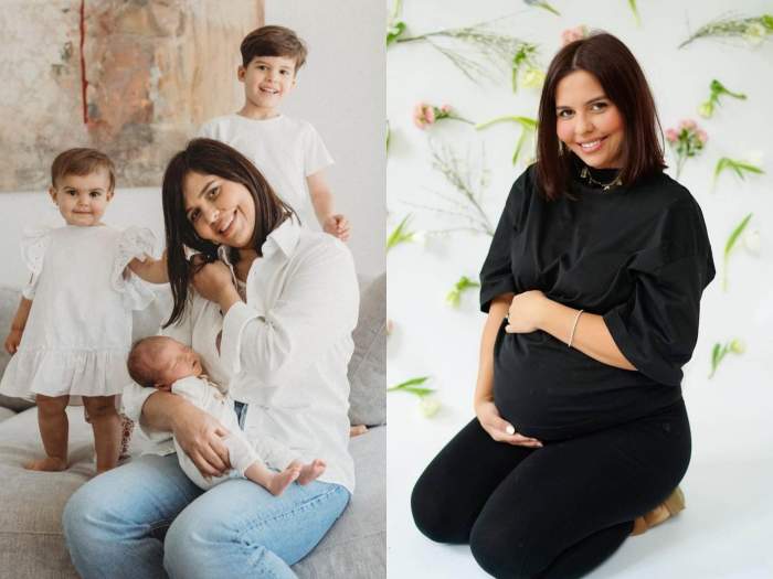 Andreea Popescu cu copiii ei și însărcinată.