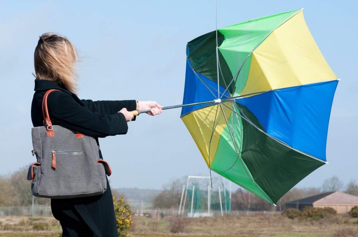 Femeie care se luptă să-și țină umbrela în timp ce băte vântul puternic