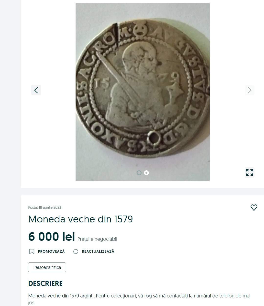 Moneda care se vinde cu 6.000 de lei pe OLX. Este veche din anul 1579. Mulți colecționari o caută / FOTO