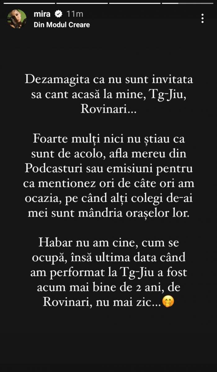 Mira, dezamăgită că nu este chemată să cânte în orașul ei natal. Mesajul postat de artistă: „Ultima dată când...” / FOTO