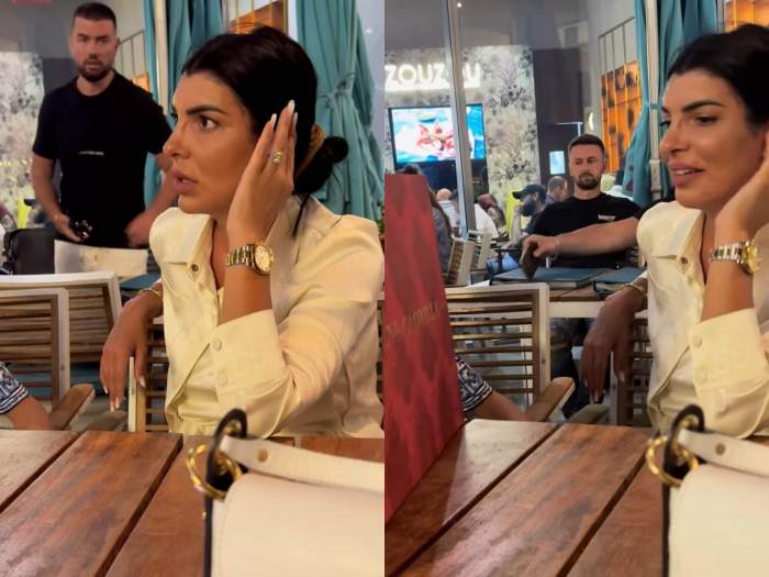 Andreea Tonciu la restaurant în Dubai și pungile de cadou.