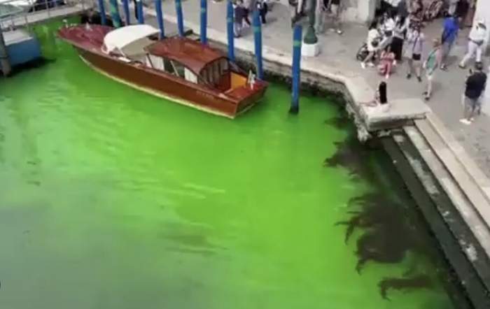 Fenomen uimitor în Veneția! Apa de pe Marele Canal s-a colorat în verde fluorescent / FOTO